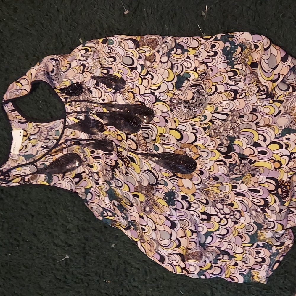 Trippy shroomy top. Beaded and sequins! Oh my! Designer rutzou summer party top!